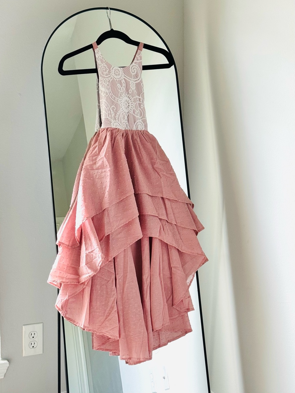 Flower Girl Boho Coquette Dusty Pink Lace Spring Summer High Low Dress, Sz 5